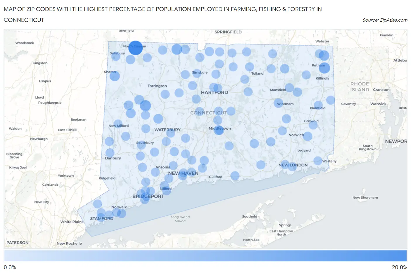 Zip Codes with the Highest Percentage of Population Employed in Farming, Fishing & Forestry in Connecticut Map