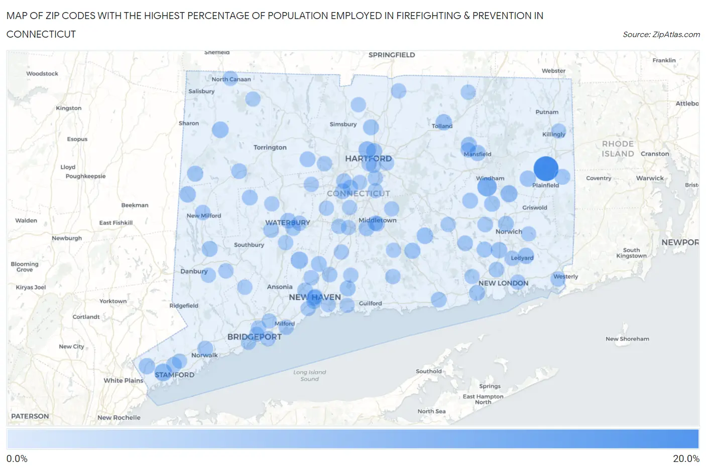 Zip Codes with the Highest Percentage of Population Employed in Firefighting & Prevention in Connecticut Map