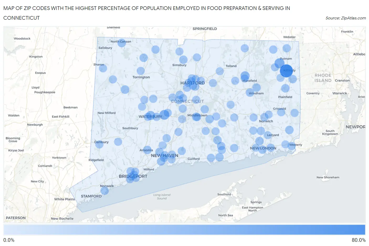 Zip Codes with the Highest Percentage of Population Employed in Food Preparation & Serving in Connecticut Map