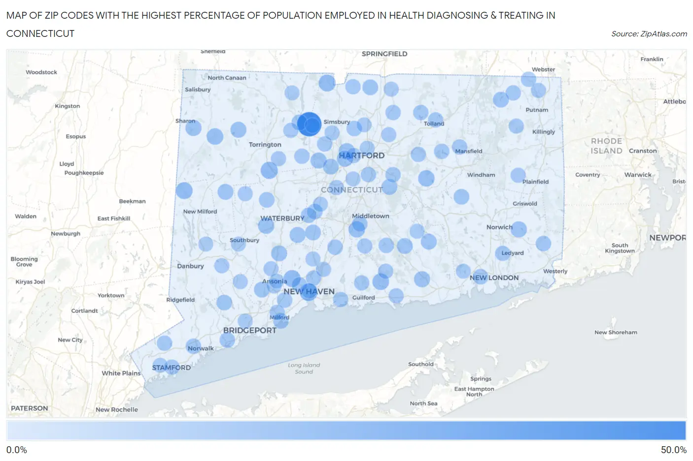 Zip Codes with the Highest Percentage of Population Employed in Health Diagnosing & Treating in Connecticut Map