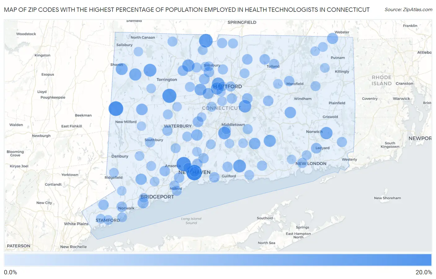 Zip Codes with the Highest Percentage of Population Employed in Health Technologists in Connecticut Map