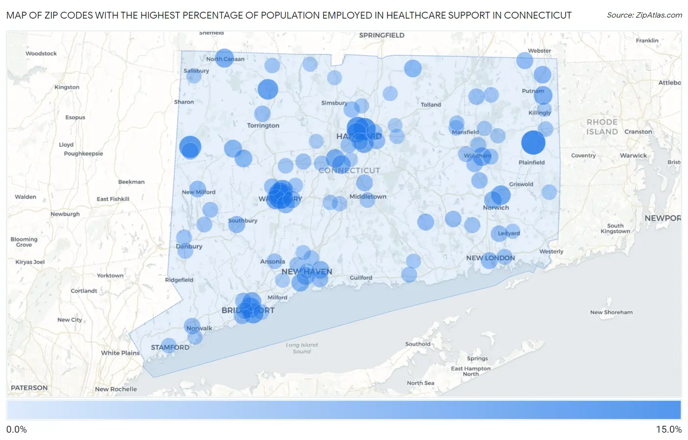 Zip Codes with the Highest Percentage of Population Employed in Healthcare Support in Connecticut Map
