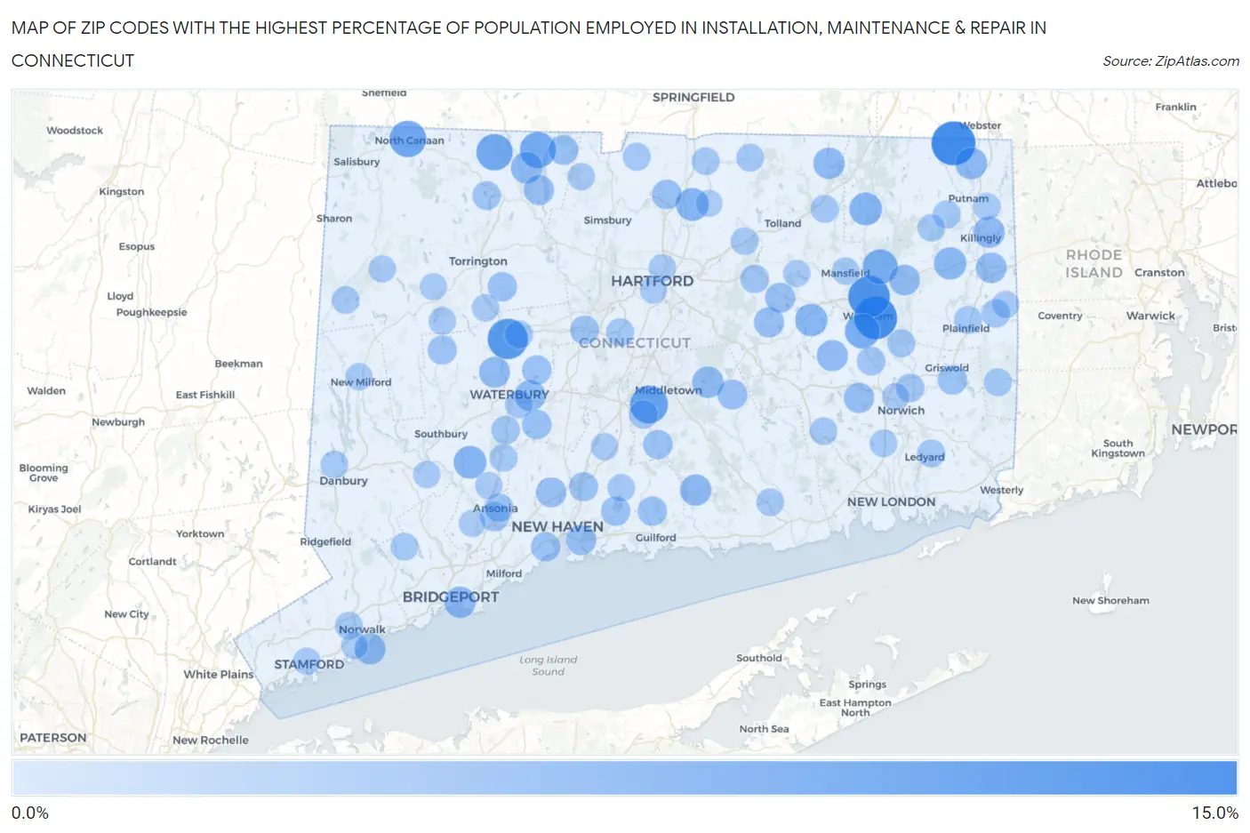 Zip Codes with the Highest Percentage of Population Employed in Installation, Maintenance & Repair in Connecticut Map