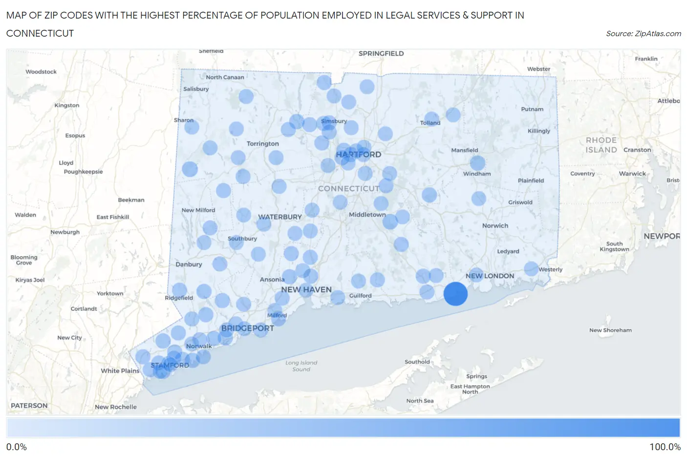 Zip Codes with the Highest Percentage of Population Employed in Legal Services & Support in Connecticut Map
