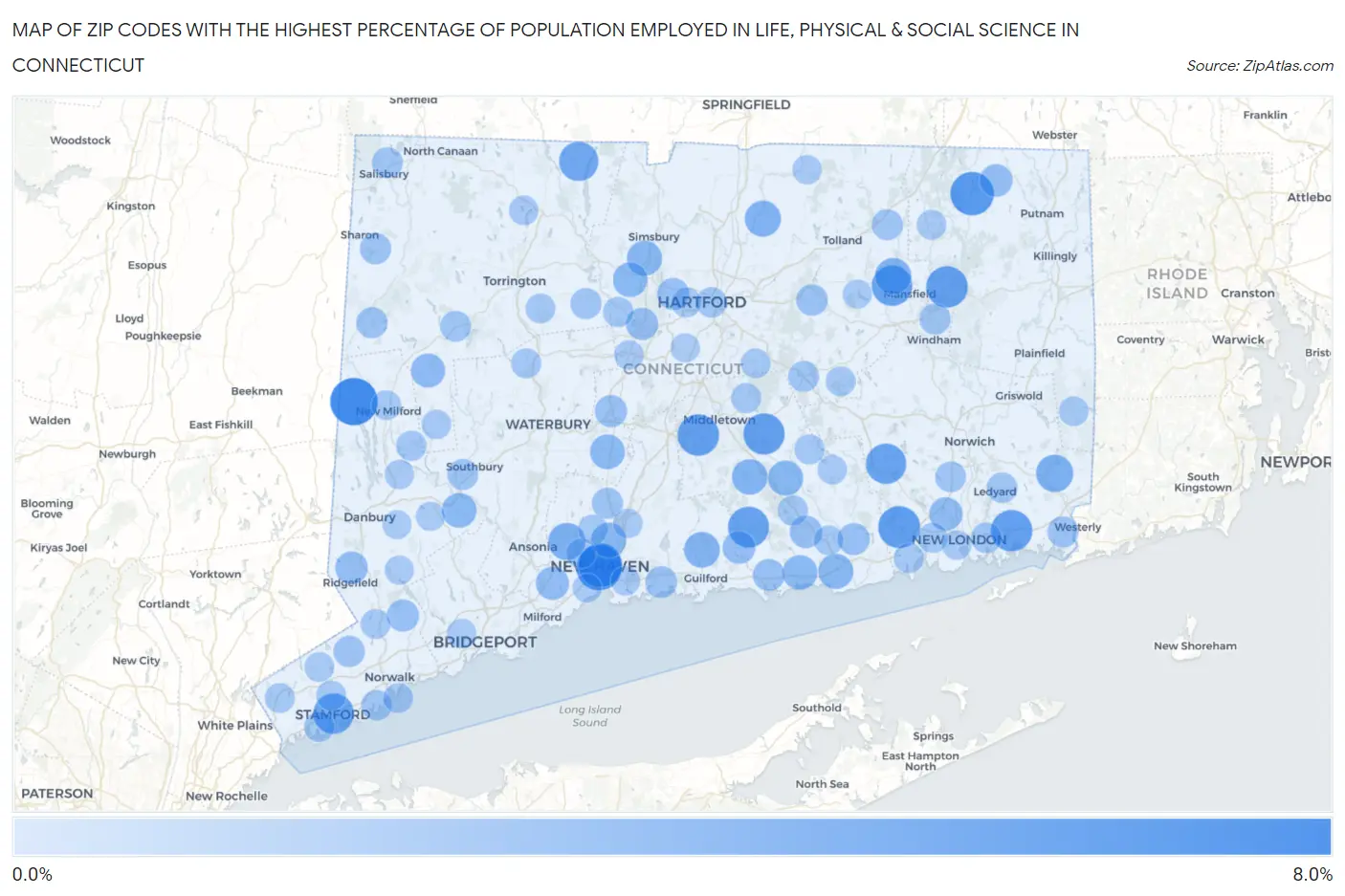 Zip Codes with the Highest Percentage of Population Employed in Life, Physical & Social Science in Connecticut Map