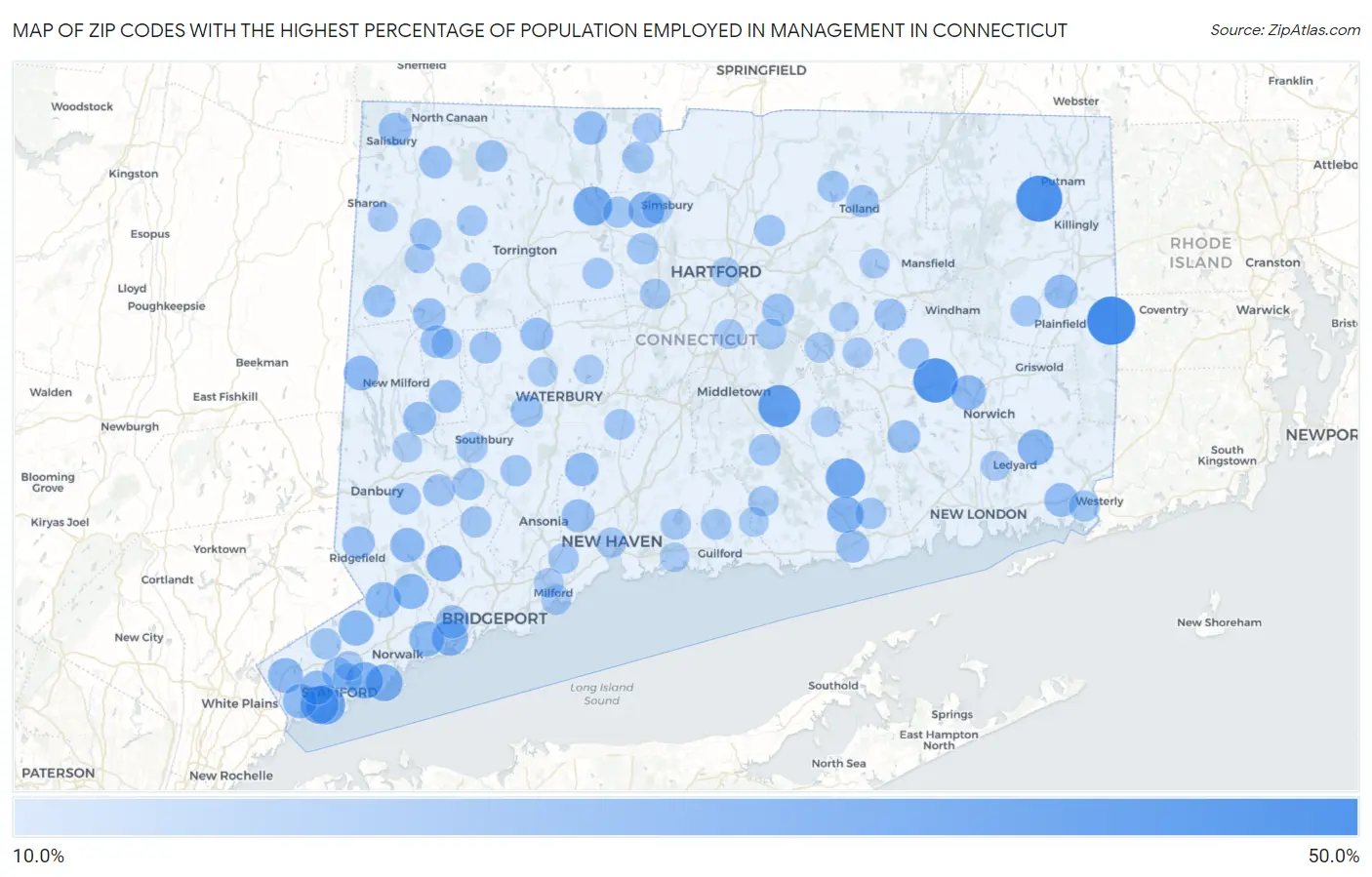 Zip Codes with the Highest Percentage of Population Employed in Management in Connecticut Map