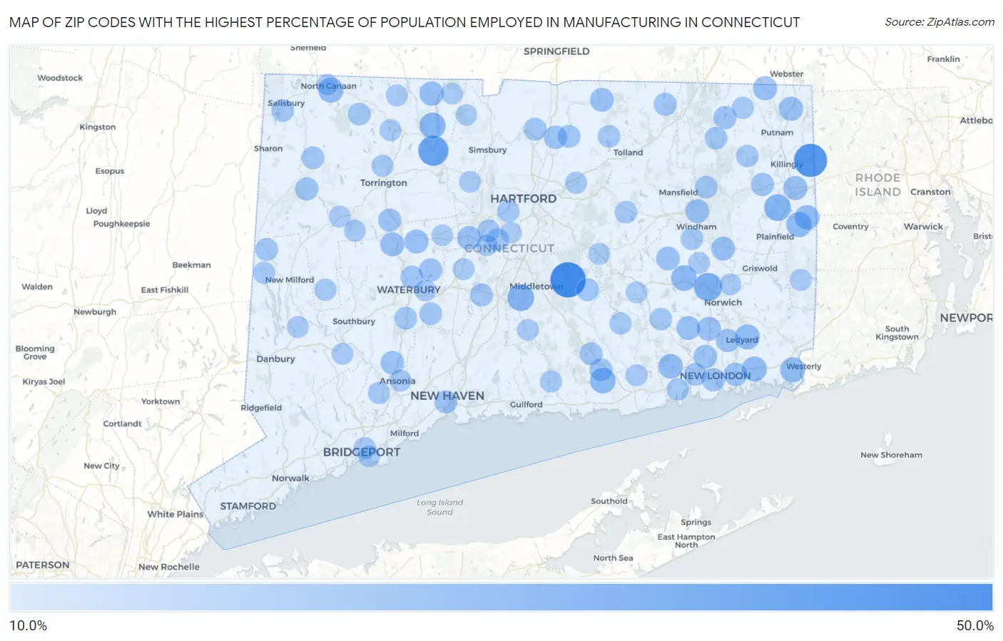 Zip Codes with the Highest Percentage of Population Employed in Manufacturing in Connecticut Map