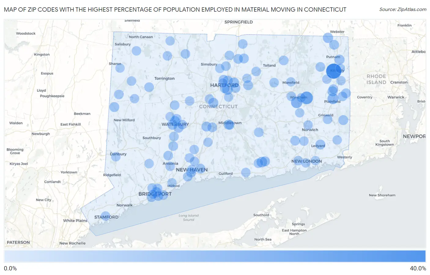 Zip Codes with the Highest Percentage of Population Employed in Material Moving in Connecticut Map