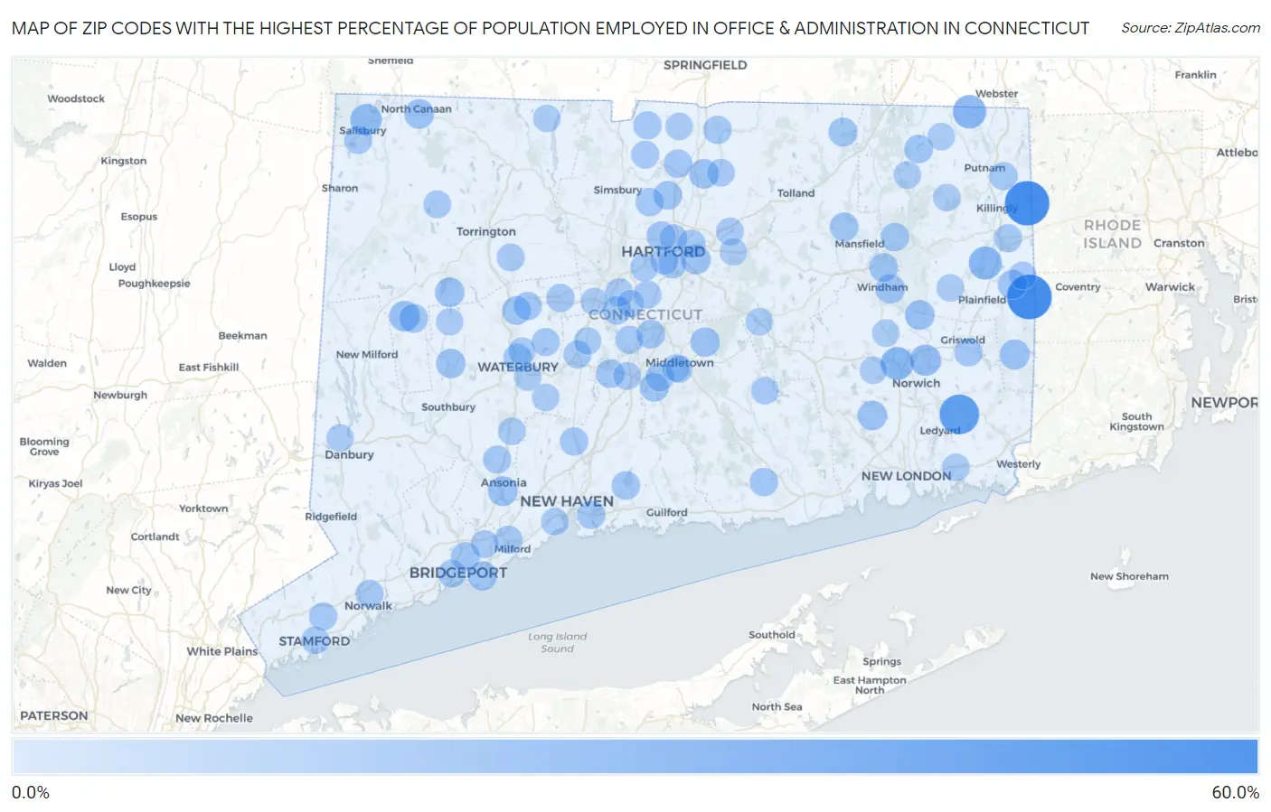 Zip Codes with the Highest Percentage of Population Employed in Office & Administration in Connecticut Map