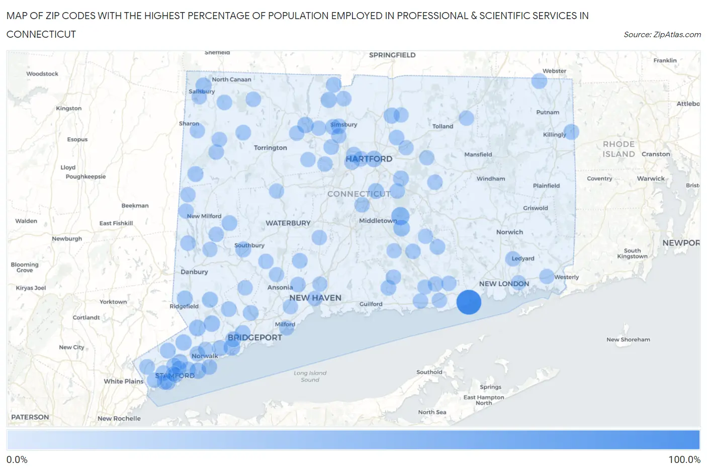 Zip Codes with the Highest Percentage of Population Employed in Professional & Scientific Services in Connecticut Map