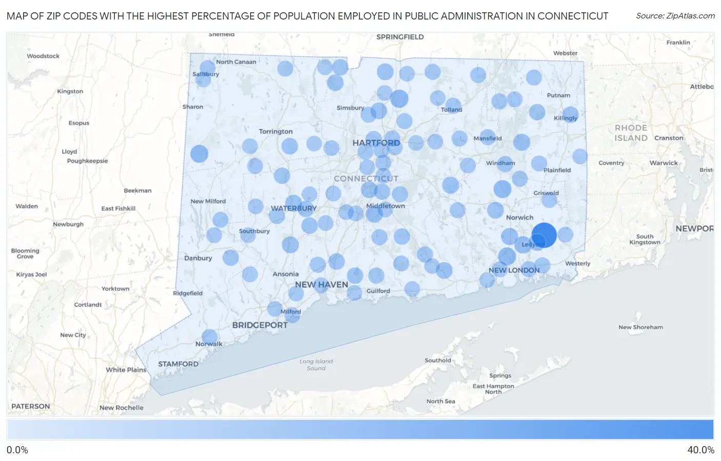 Zip Codes with the Highest Percentage of Population Employed in Public Administration in Connecticut Map