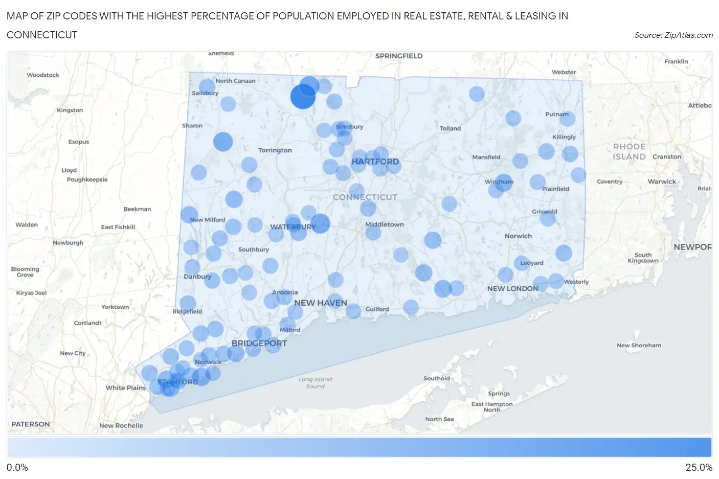 Zip Codes with the Highest Percentage of Population Employed in Real Estate, Rental & Leasing in Connecticut Map