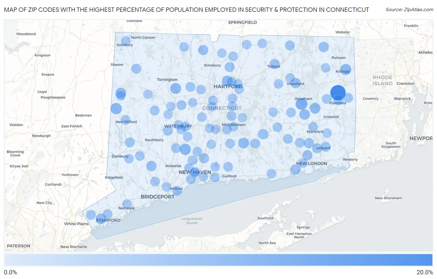 Zip Codes with the Highest Percentage of Population Employed in Security & Protection in Connecticut Map