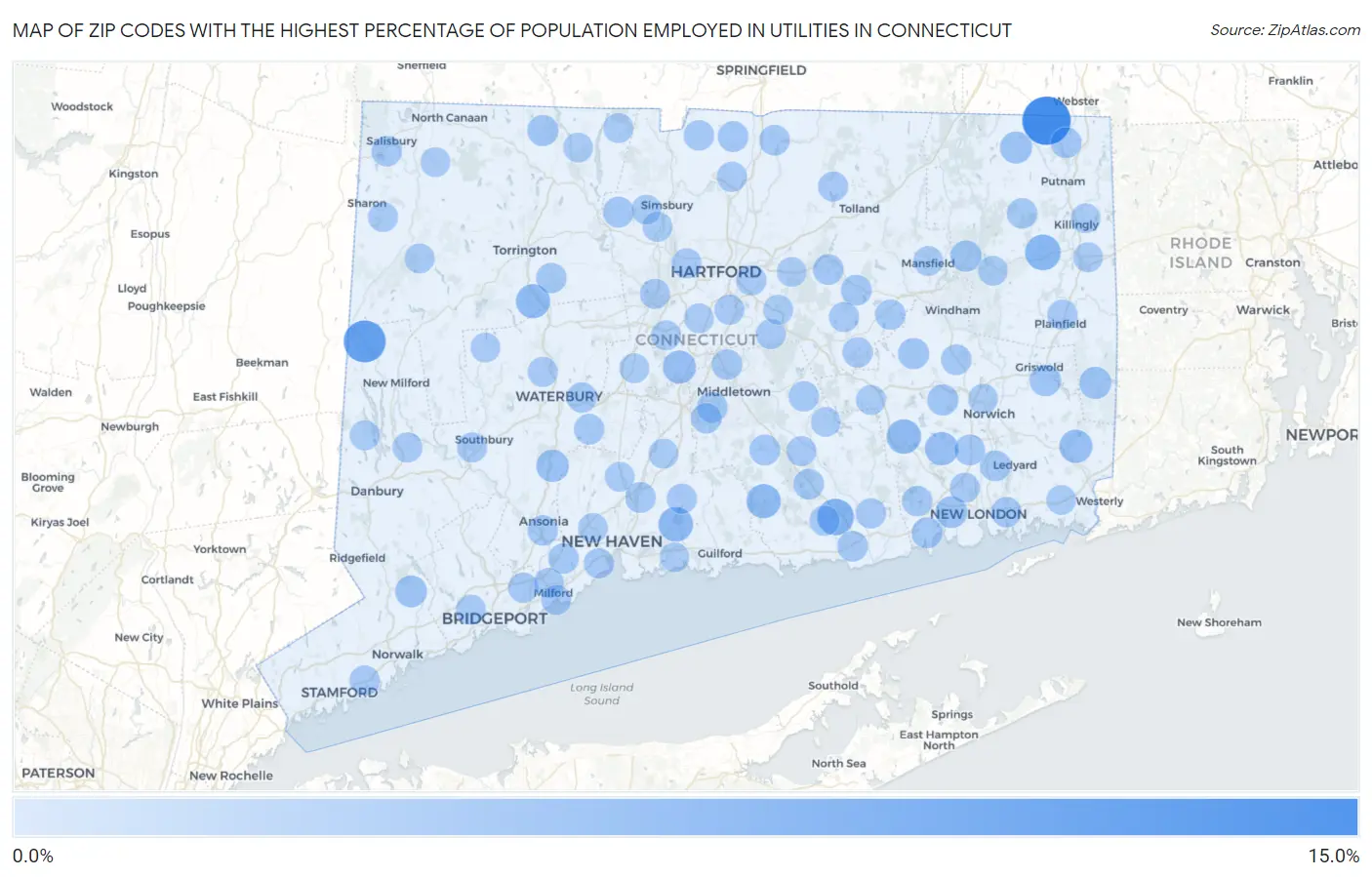 Zip Codes with the Highest Percentage of Population Employed in Utilities in Connecticut Map