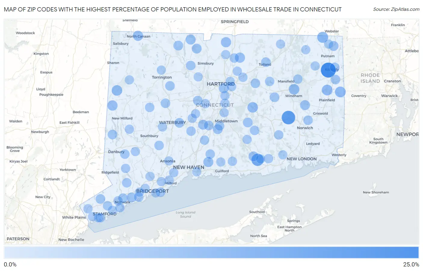 Zip Codes with the Highest Percentage of Population Employed in Wholesale Trade in Connecticut Map