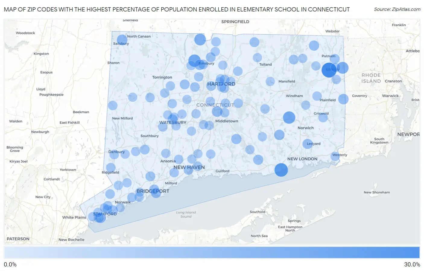 Zip Codes with the Highest Percentage of Population Enrolled in Elementary School in Connecticut Map