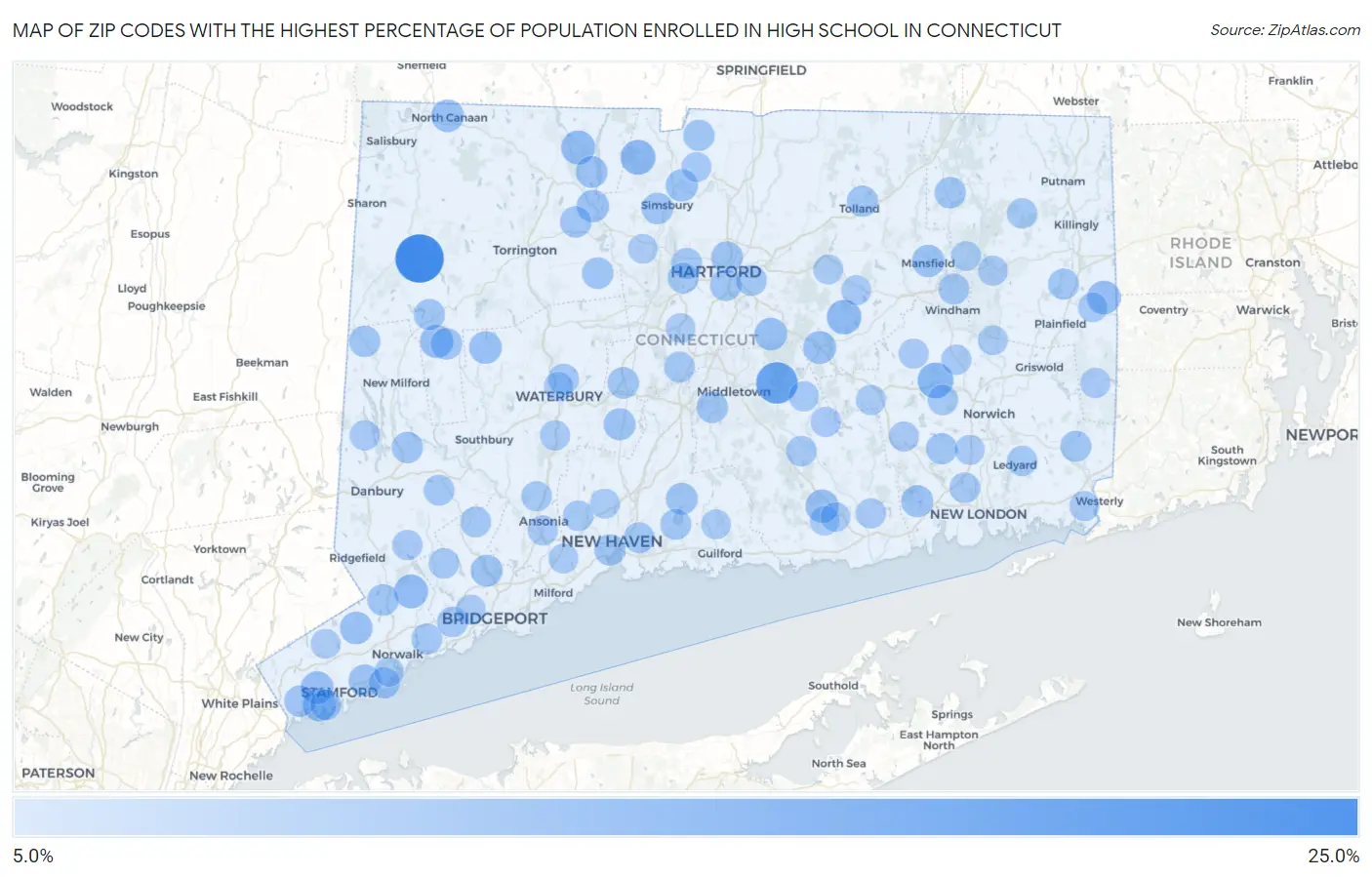 Zip Codes with the Highest Percentage of Population Enrolled in High School in Connecticut Map