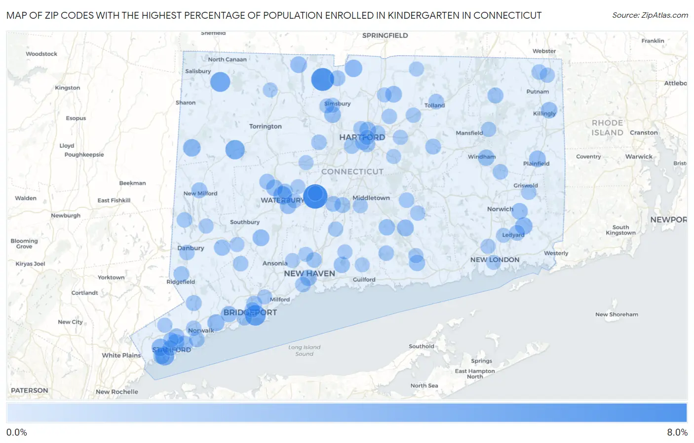Zip Codes with the Highest Percentage of Population Enrolled in Kindergarten in Connecticut Map