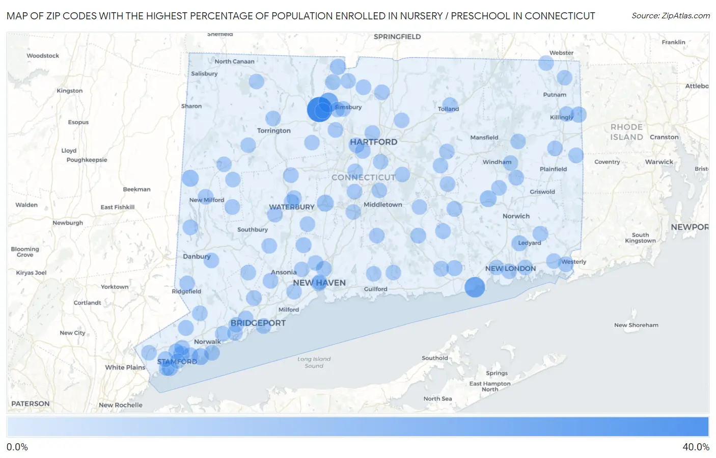 Zip Codes with the Highest Percentage of Population Enrolled in Nursery / Preschool in Connecticut Map