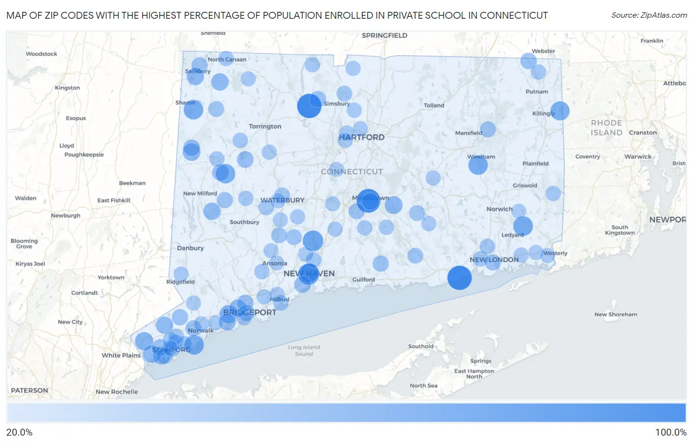 Zip Codes with the Highest Percentage of Population Enrolled in Private School in Connecticut Map