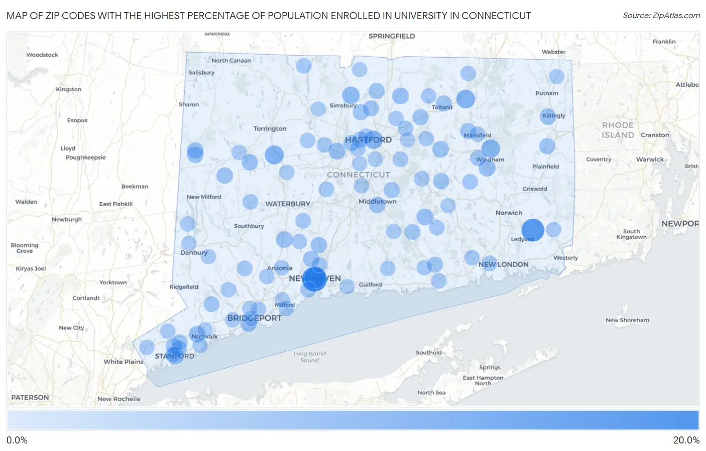 Zip Codes with the Highest Percentage of Population Enrolled in University in Connecticut Map