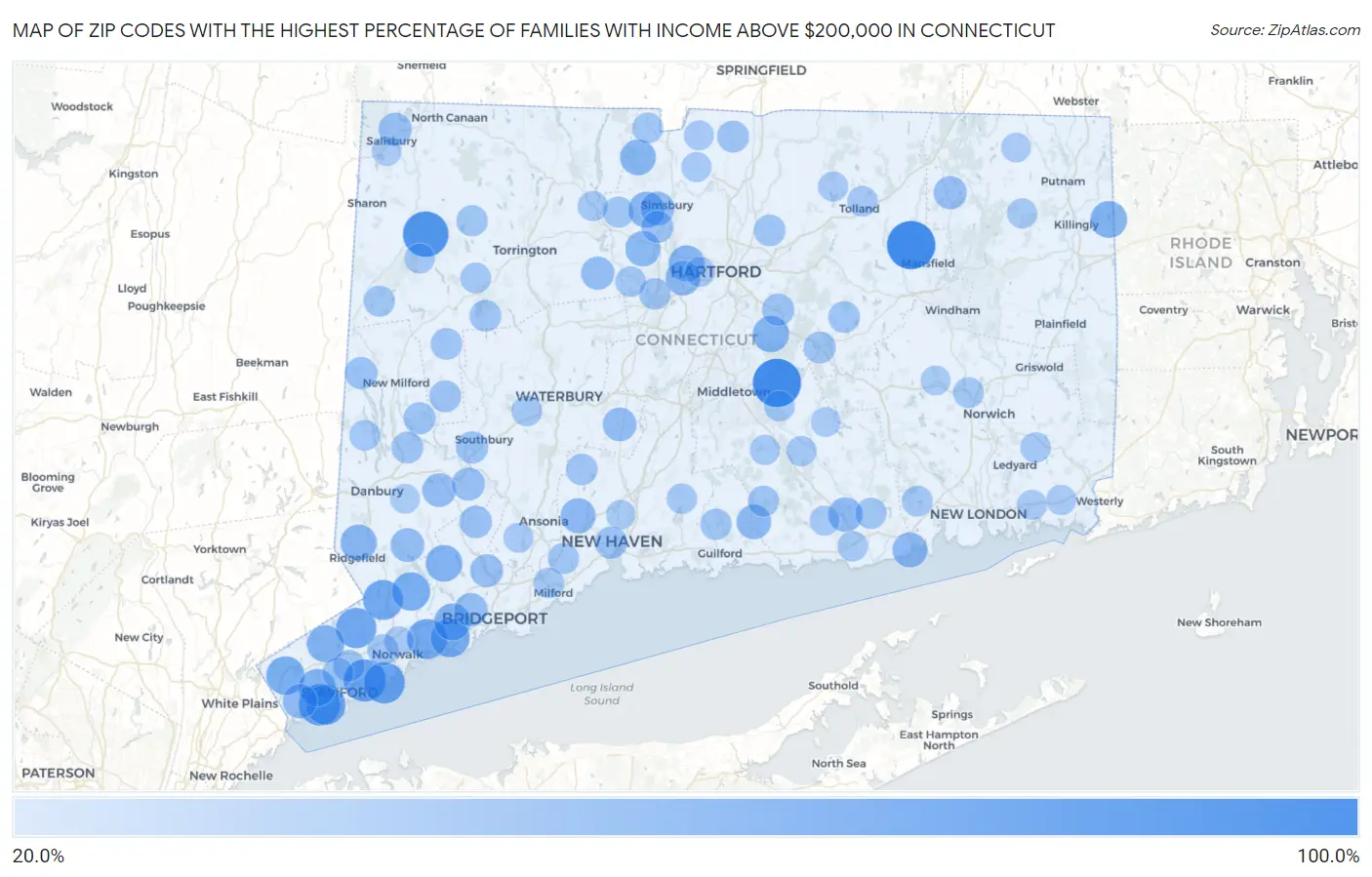 Zip Codes with the Highest Percentage of Families with Income Above $200,000 in Connecticut Map