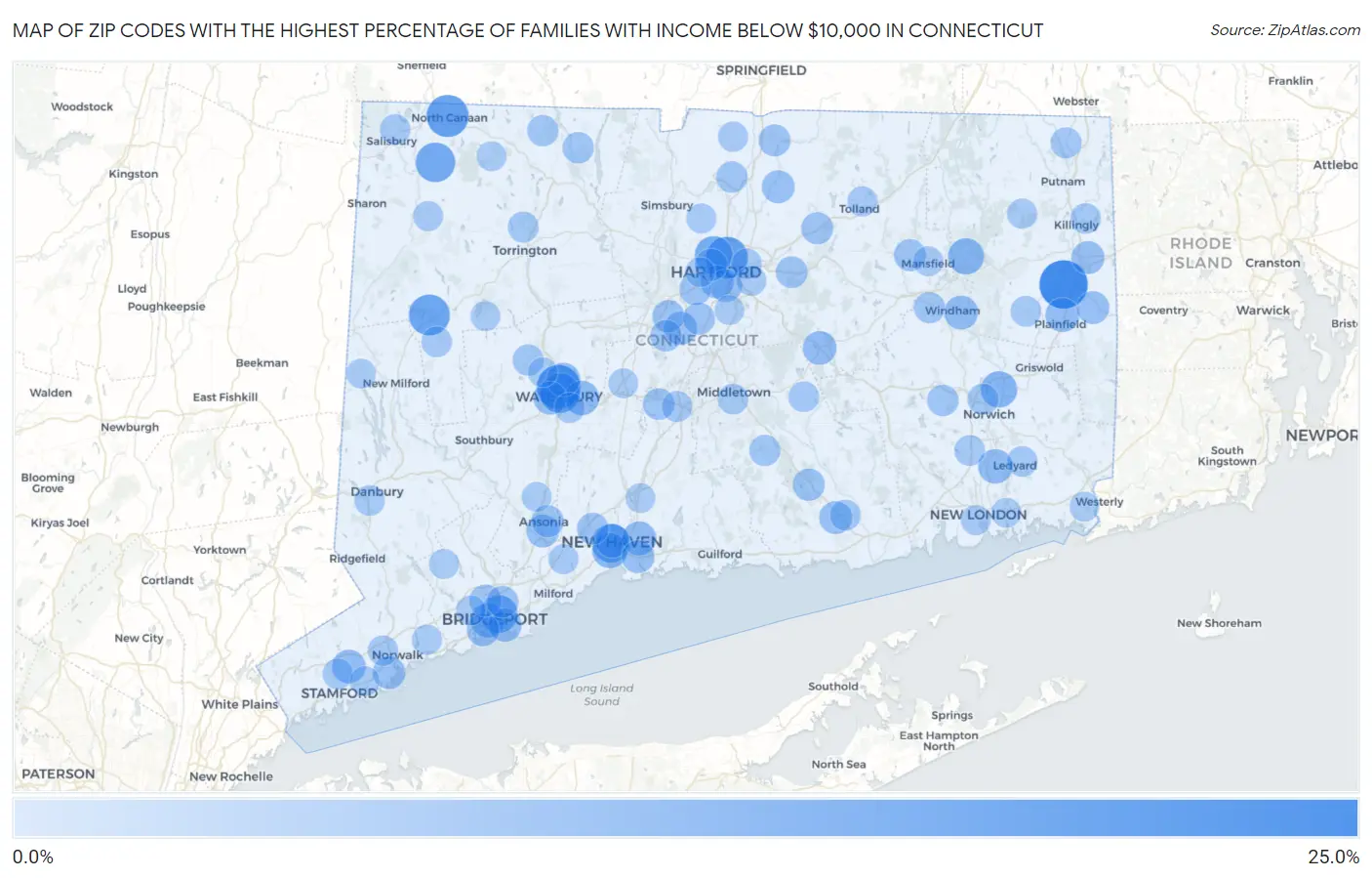 Zip Codes with the Highest Percentage of Families with Income Below $10,000 in Connecticut Map