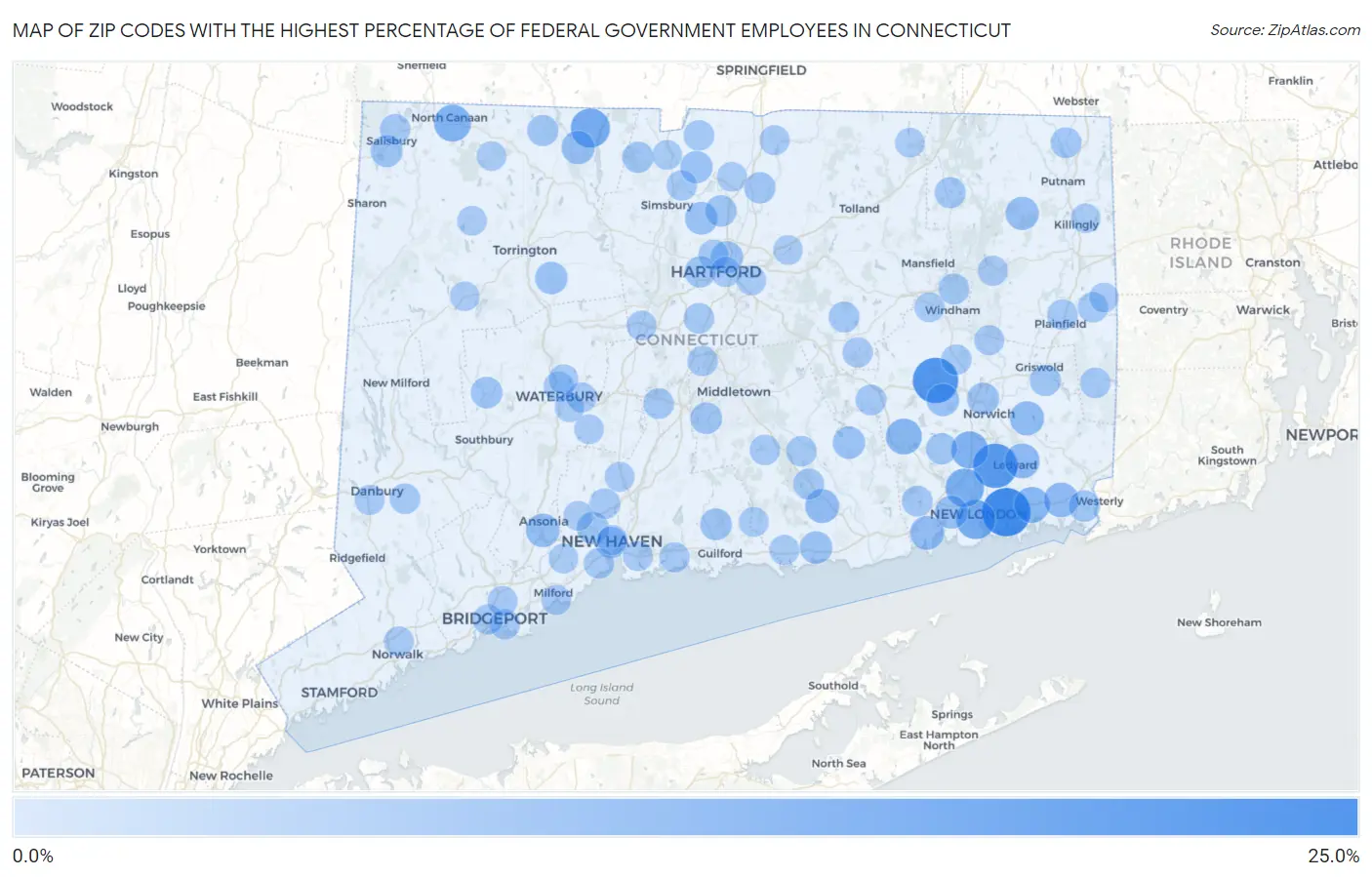 Zip Codes with the Highest Percentage of Federal Government Employees in Connecticut Map