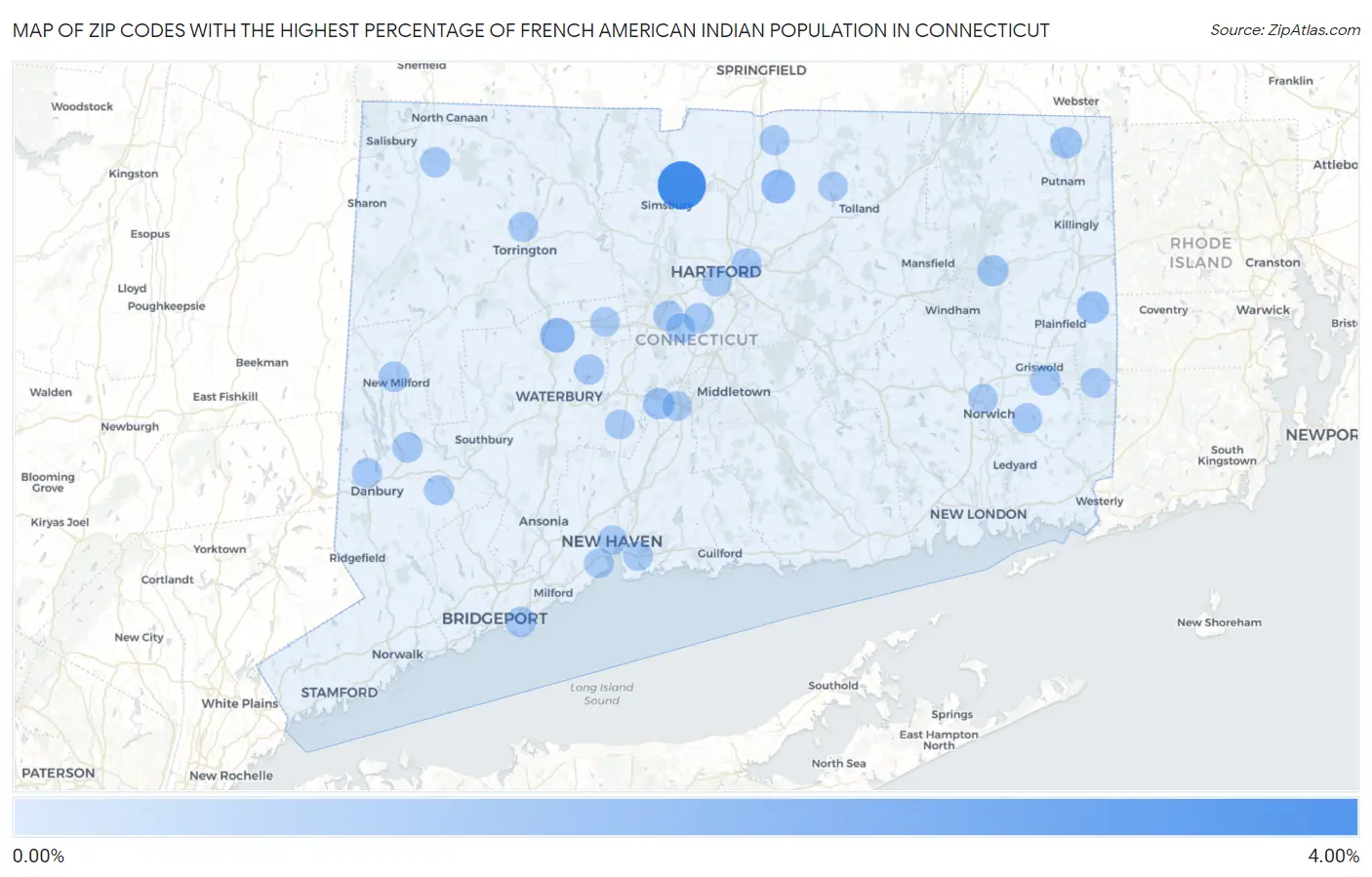 Zip Codes with the Highest Percentage of French American Indian Population in Connecticut Map