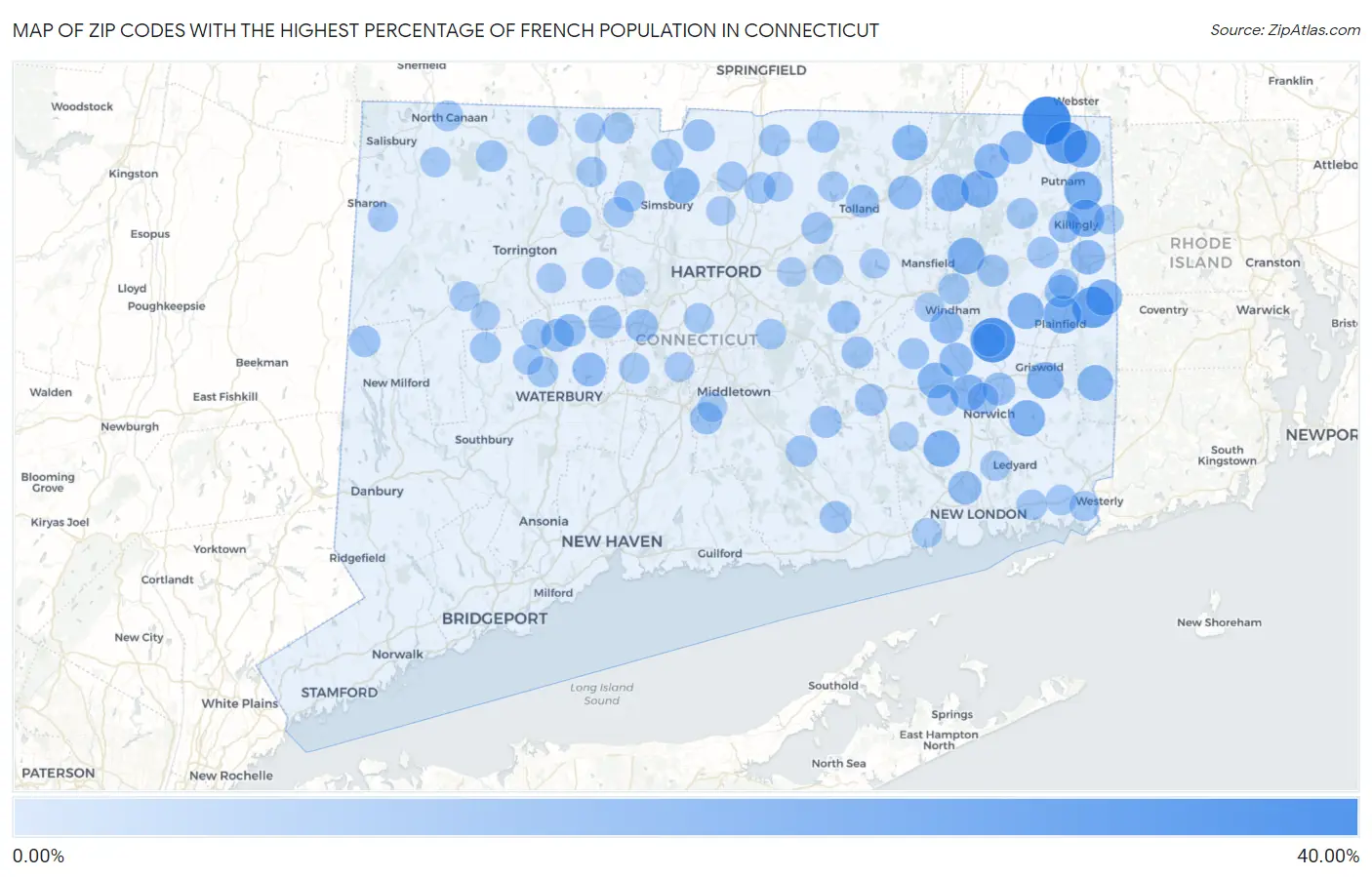 Zip Codes with the Highest Percentage of French Population in Connecticut Map