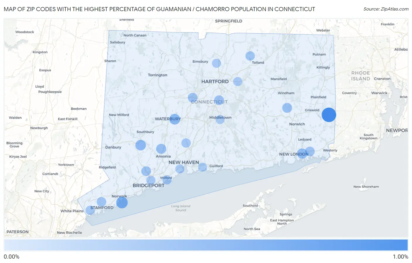 Zip Codes with the Highest Percentage of Guamanian / Chamorro Population in Connecticut Map
