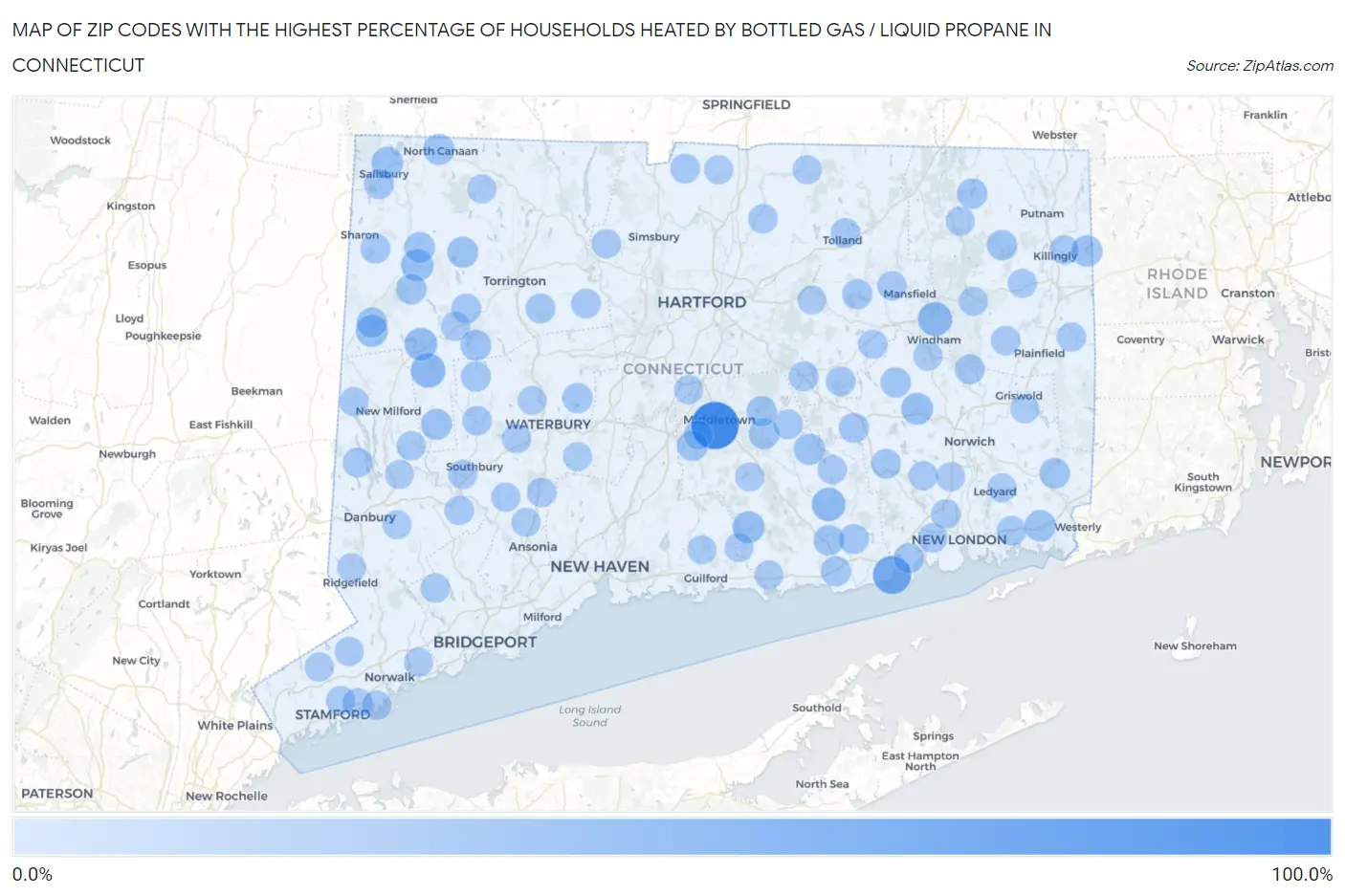 Zip Codes with the Highest Percentage of Households Heated by Bottled Gas / Liquid Propane in Connecticut Map