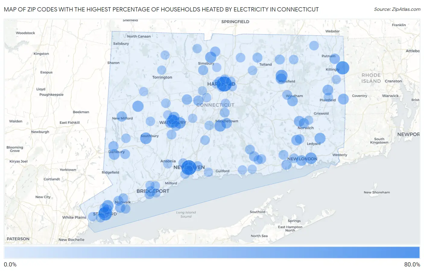 Zip Codes with the Highest Percentage of Households Heated by Electricity in Connecticut Map