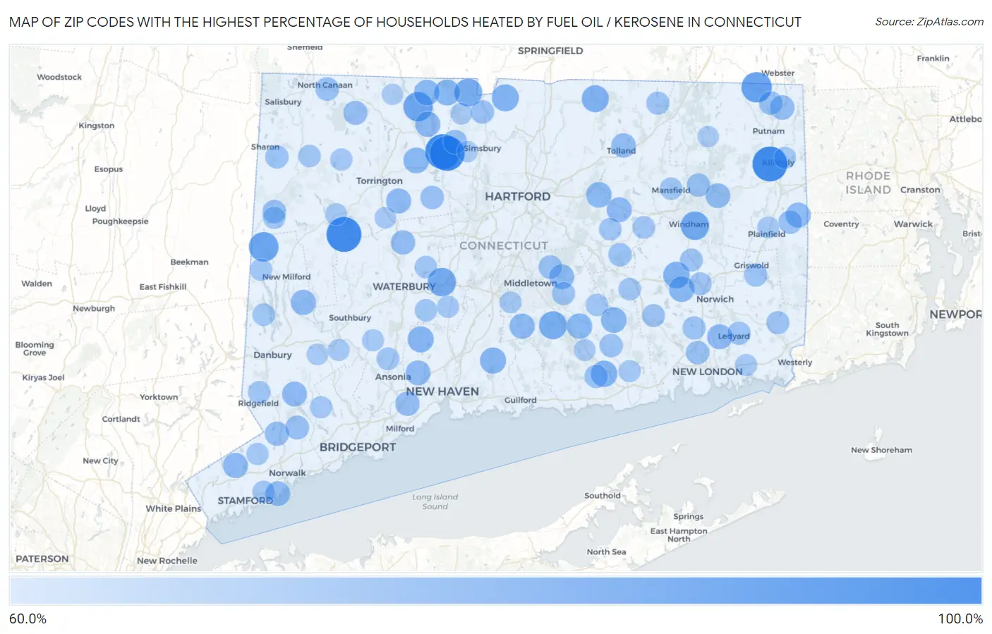 Zip Codes with the Highest Percentage of Households Heated by Fuel Oil / Kerosene in Connecticut Map