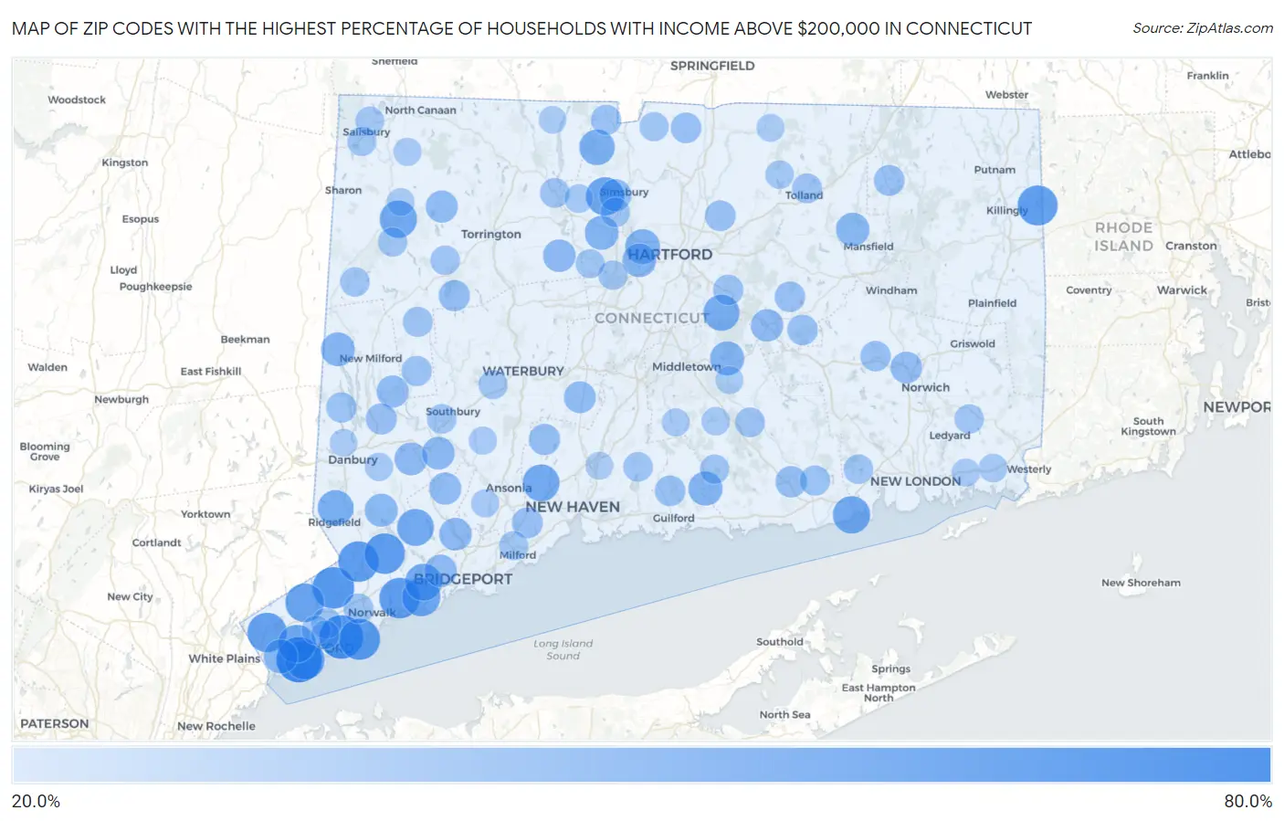 Zip Codes with the Highest Percentage of Households with Income Above $200,000 in Connecticut Map