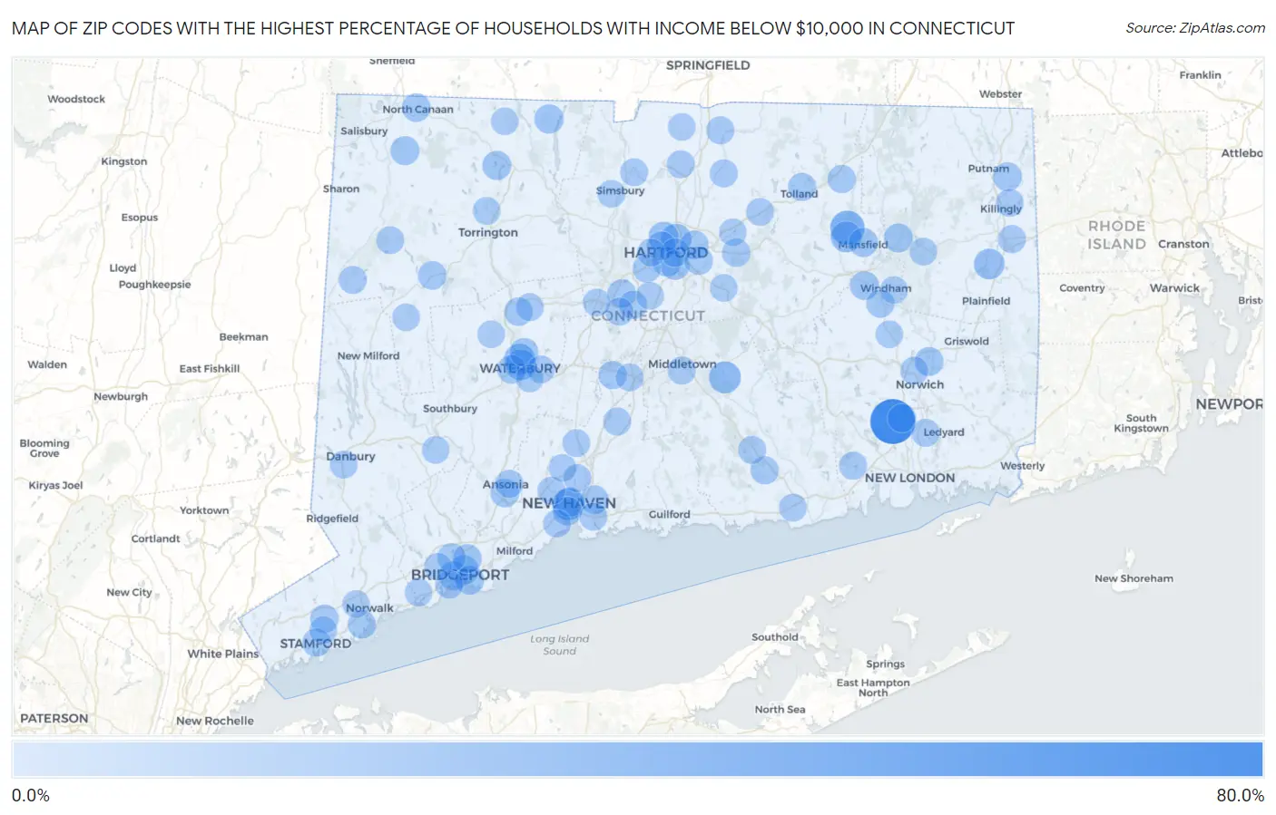 Zip Codes with the Highest Percentage of Households with Income Below $10,000 in Connecticut Map