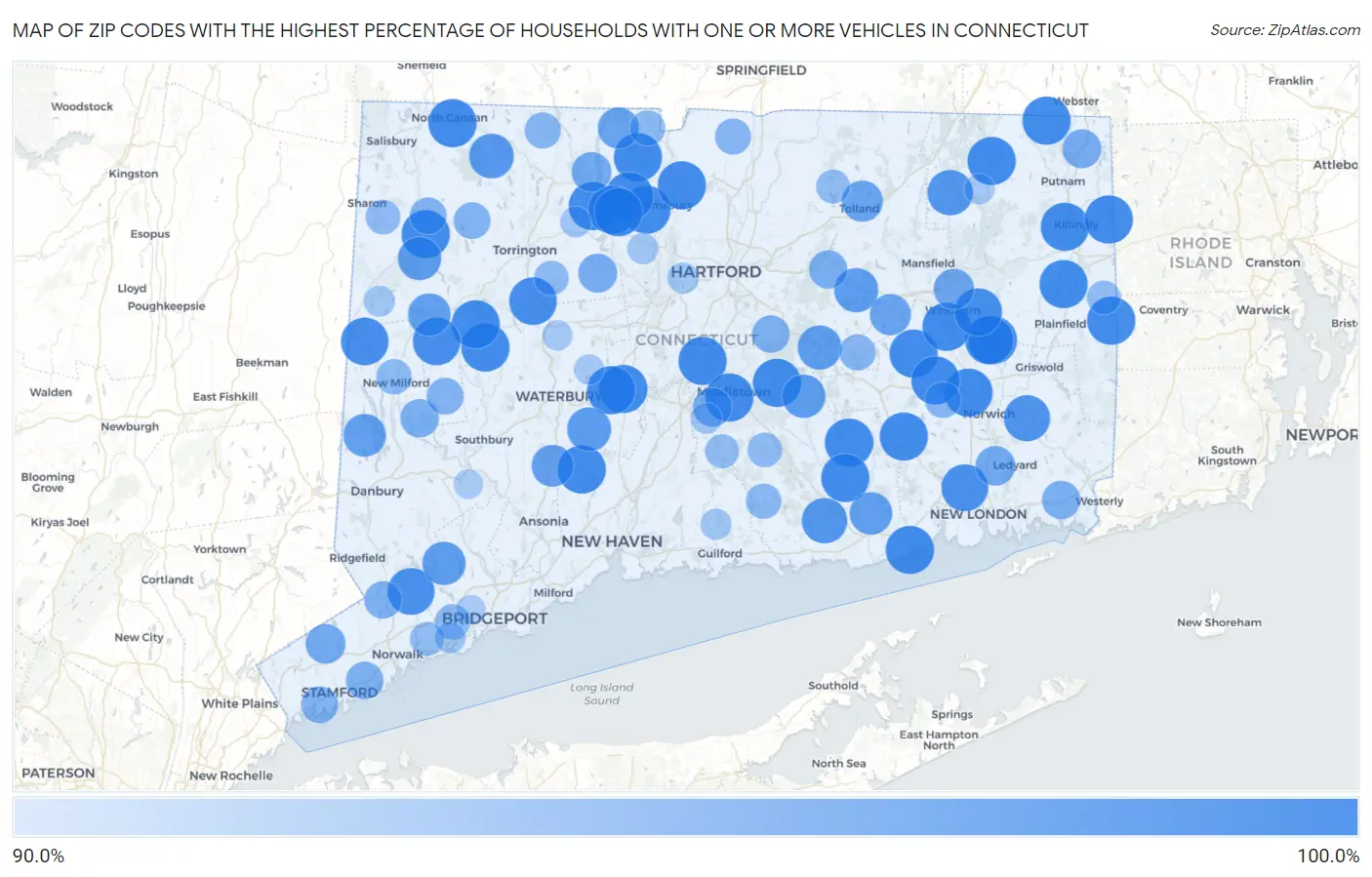 Zip Codes with the Highest Percentage of Households With One or more Vehicles in Connecticut Map