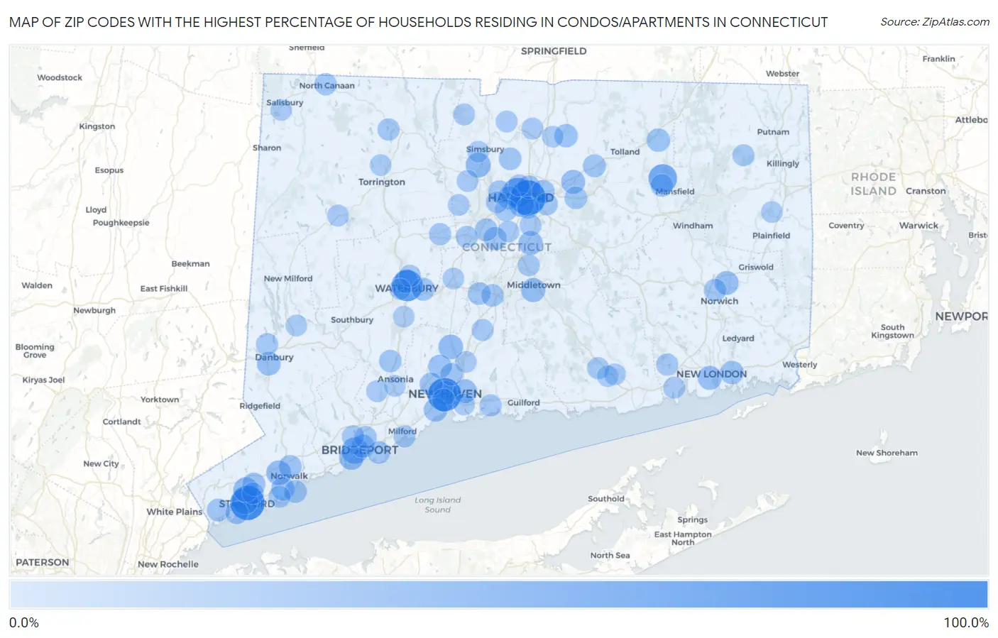 Zip Codes with the Highest Percentage of Households Residing in Condos/Apartments in Connecticut Map