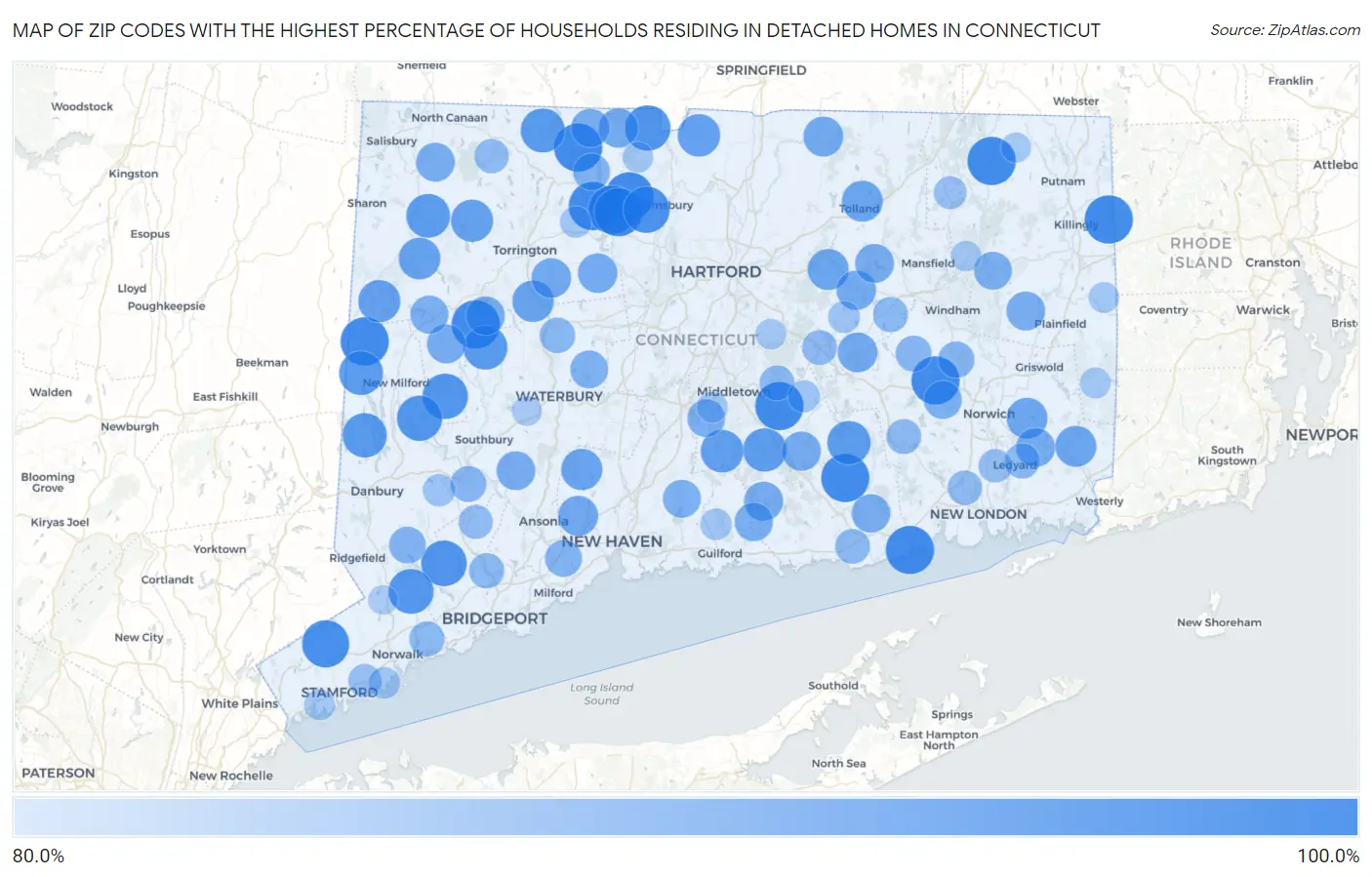 Zip Codes with the Highest Percentage of Households Residing in Detached Homes in Connecticut Map