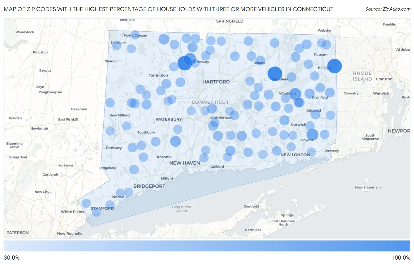 Zip Codes with the Highest Percentage of Households With Three or more Vehicles in Connecticut Map