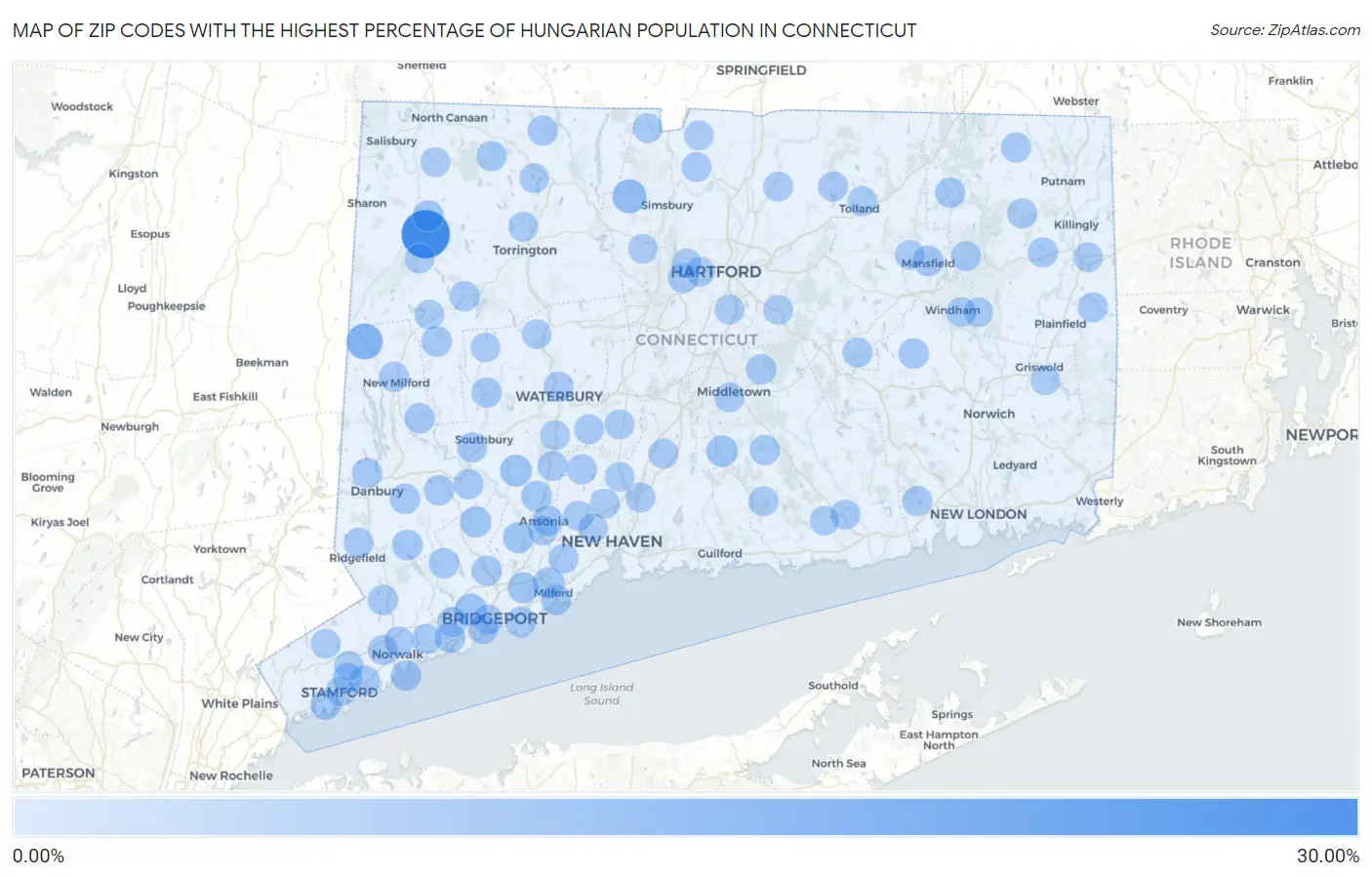 Zip Codes with the Highest Percentage of Hungarian Population in Connecticut Map
