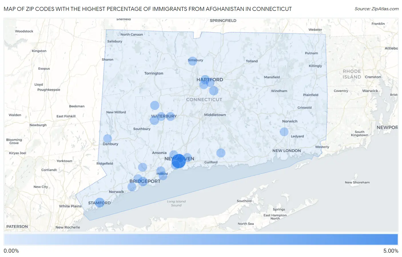 Zip Codes with the Highest Percentage of Immigrants from Afghanistan in Connecticut Map
