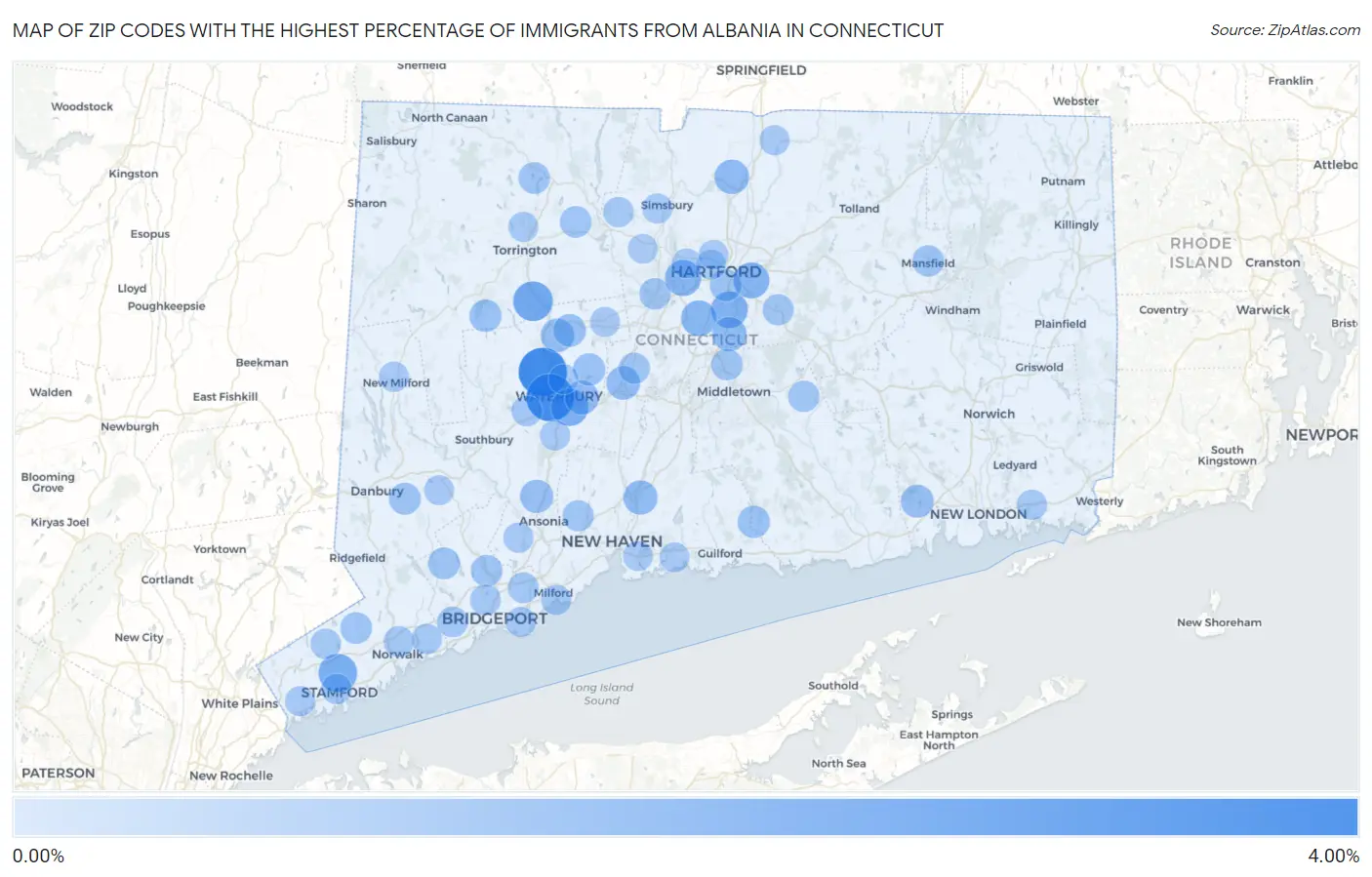 Zip Codes with the Highest Percentage of Immigrants from Albania in Connecticut Map