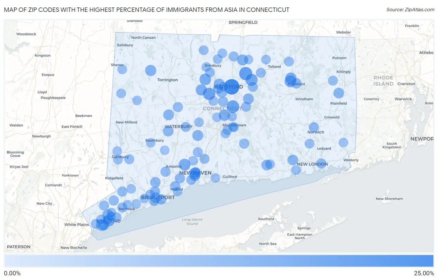 Zip Codes with the Highest Percentage of Immigrants from Asia in Connecticut Map