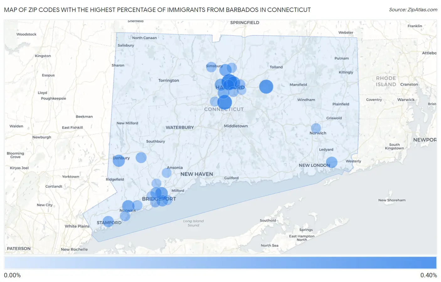 Zip Codes with the Highest Percentage of Immigrants from Barbados in Connecticut Map