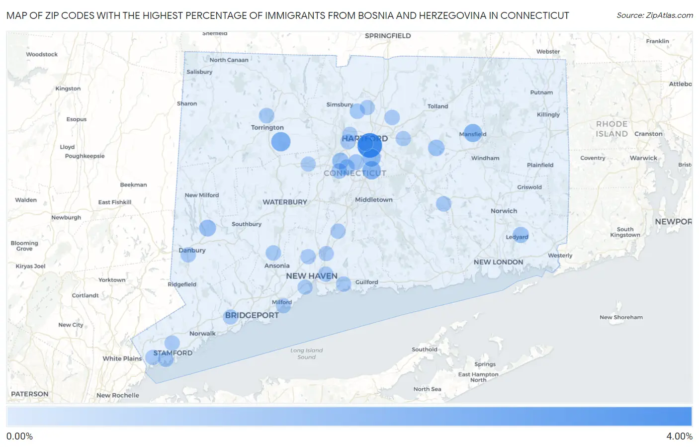 Zip Codes with the Highest Percentage of Immigrants from Bosnia and Herzegovina in Connecticut Map