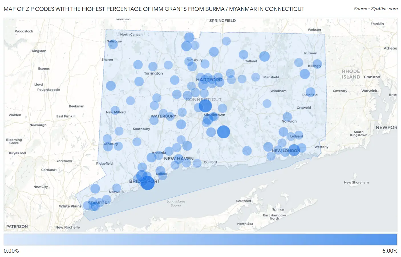 Zip Codes with the Highest Percentage of Immigrants from Burma / Myanmar in Connecticut Map