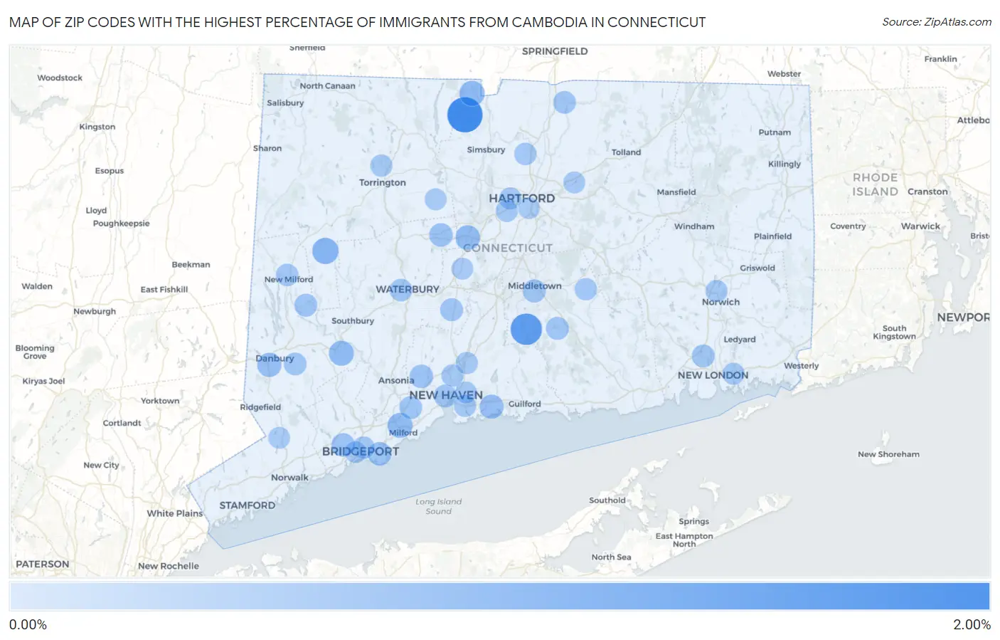 Zip Codes with the Highest Percentage of Immigrants from Cambodia in Connecticut Map