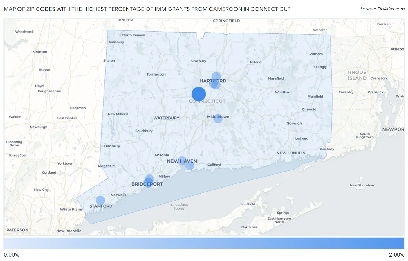 Zip Codes with the Highest Percentage of Immigrants from Cameroon in Connecticut Map