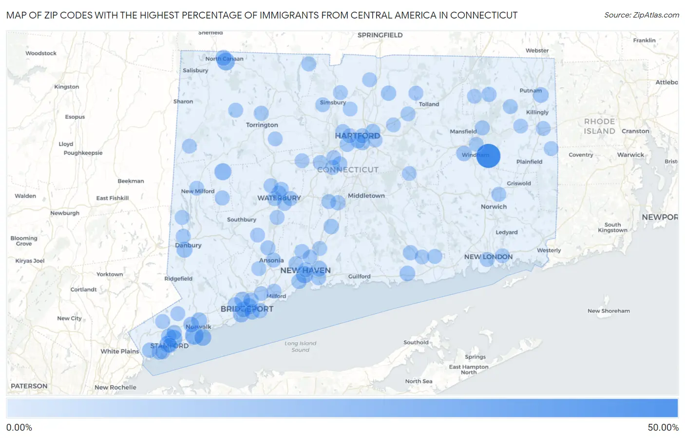 Zip Codes with the Highest Percentage of Immigrants from Central America in Connecticut Map